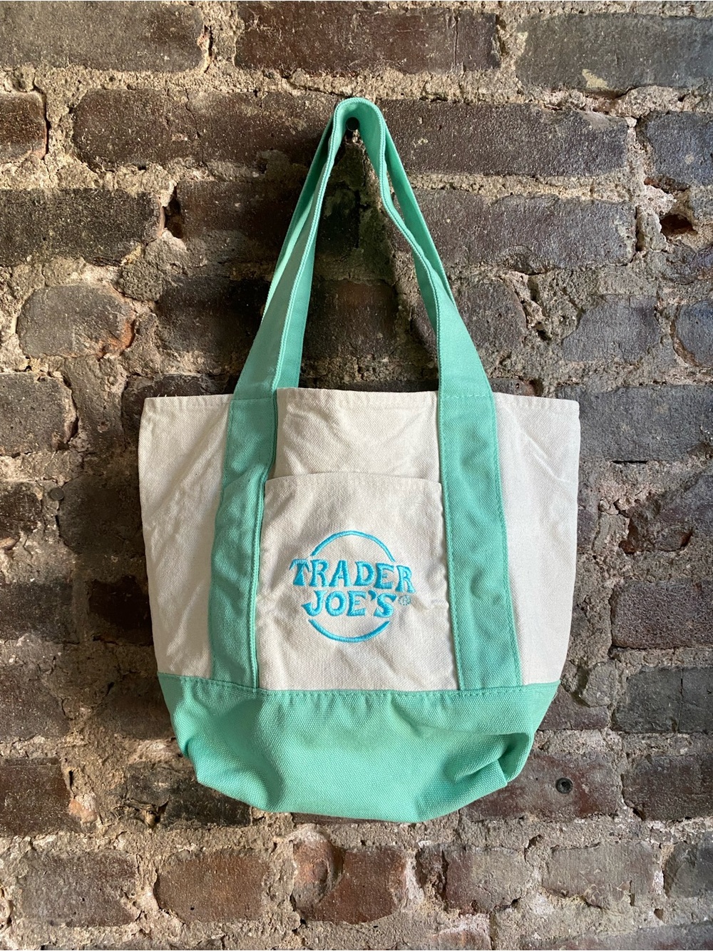 Trader Joe's Canvas Reusable Tote Bag Cream and Mint Logo 18x13x4 in